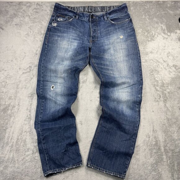 Calvin Klein Jeans Low Rise Slim Straight Distressed Mens Button Fly Denim Blue - Picture 1 of 11